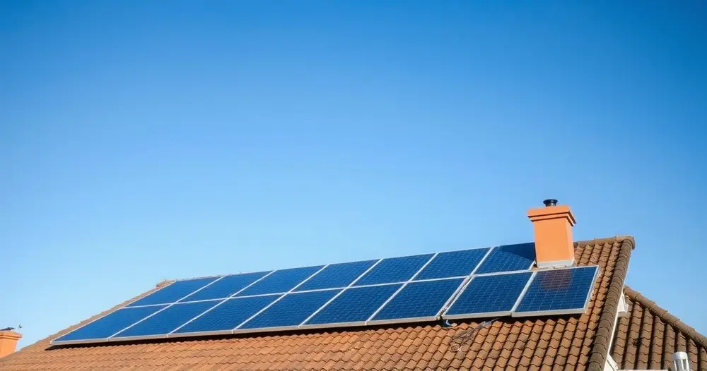 Placas solares instaladas no telhado de uma residência sob céu azul, vista em ângulo baixo