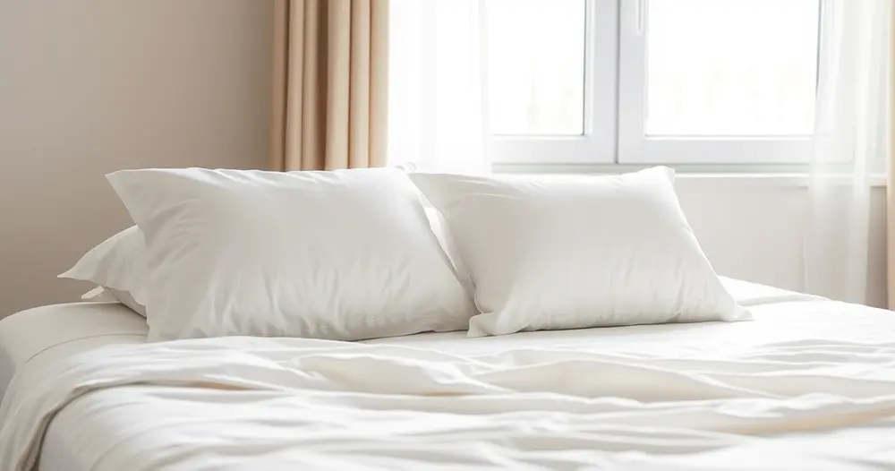 Dois travesseiros brancos sobre cama arrumada com roupa de cama branca e luz da manhã pela janela