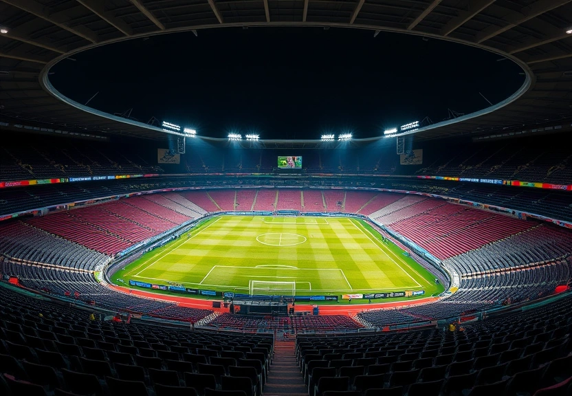 Estádio de futebol vazio à noite, com os refletores acesos