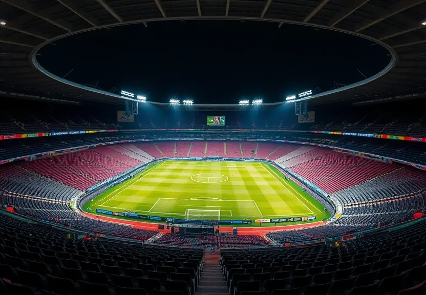 Estádio de futebol vazio à noite, com os refletores acesos