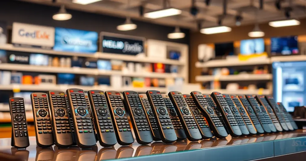controles remotos de televisão expostos no balcão de uma loja de eletrônicos