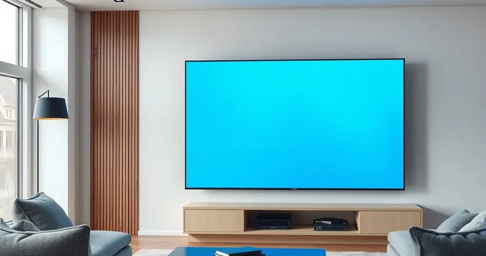 televisão em sala de estar moderna exibindo tela azul lisa