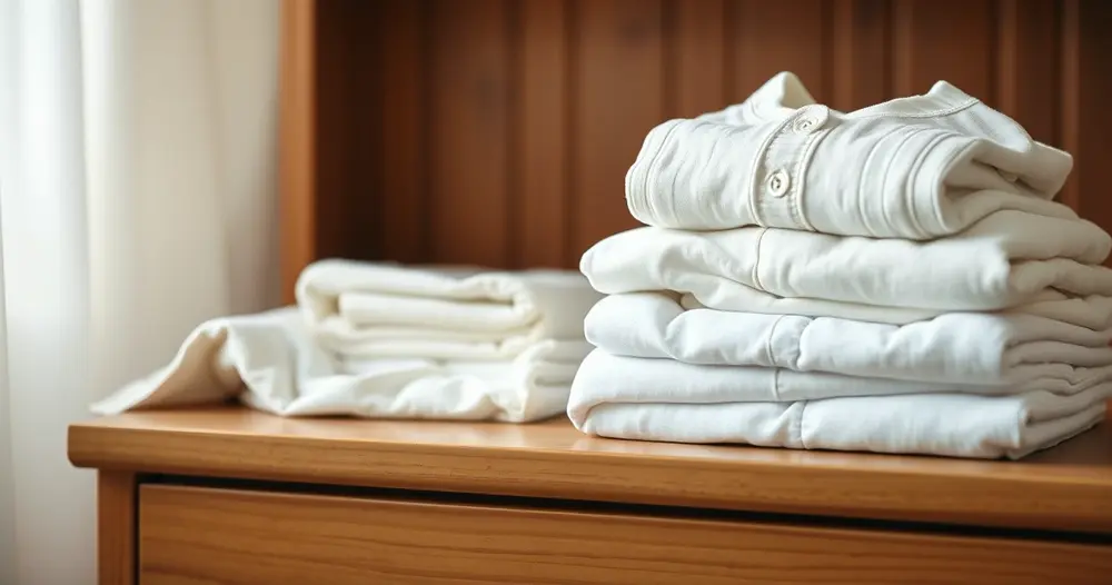 Roupas brancas de bebê dobradas e empilhadas sobre cômoda de madeira ao lado de manta macia