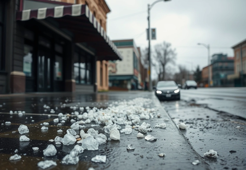 Pedras de granizo na rua molhada depois do temporal
